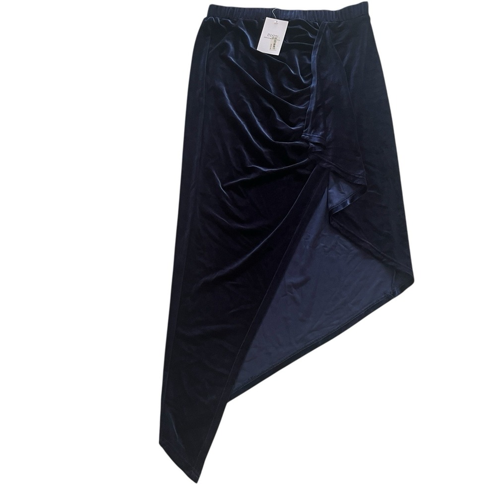 NWT Inspr Women's Size L‎ Velvet Midi Skirt Asymetric Navy Blue Midnight Drape